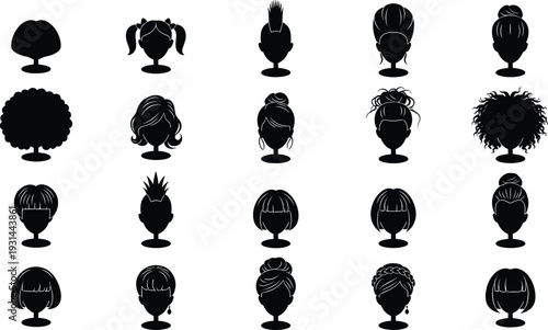 Women, hairstyles, silhouette, collection, short, long, curly, bun, ponytail, afro, bob, fashion, black, isolated, vector, illustration, beauty, salon, design, set