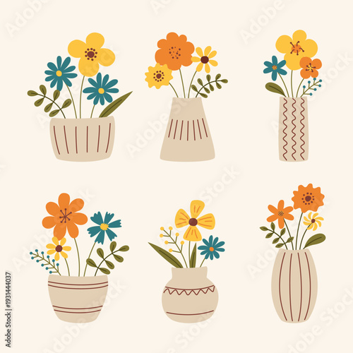 Set of vector vases with flowers in flat style