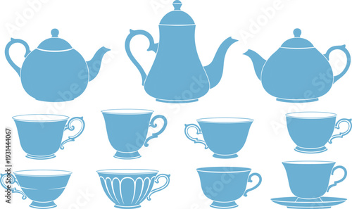 Vintage teapot and teacup silhouette set elegant tea service collection classic kitchen drinkware vector illustration isolated design