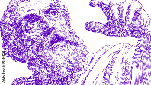 Bearded man with raised hand in classic line drawing. Vintage portrait with hatching, robes, and expressive face. Vector illustration.