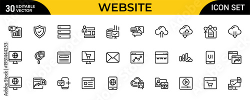 Website Line Icon Collection – Network Connection, Data Center, Digital Service, Database Platform, Code, API, Programming and App Flow Outline Icons Set, Vector Illustration