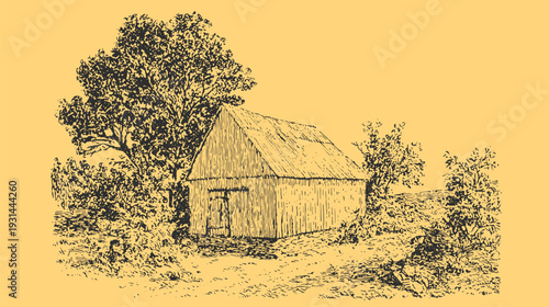 Barn and rural landscape with trees in classic sketch style. Old wooden building scene on yellow background in vector illustration.