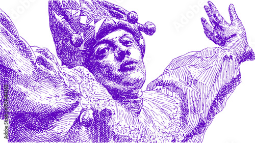 Jester in detailed ink drawing with classic hat and costume. Monochrome purple vector illustration with vintage linework.