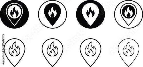 Fire location pin icon set, flame map marker symbols collection, emergency alert navigation vector buttons isolated on white background
