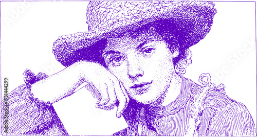 Girl in a hat holding a letter, created in a vintage sketch style. Detailed vector illustration with line and hatched texture.