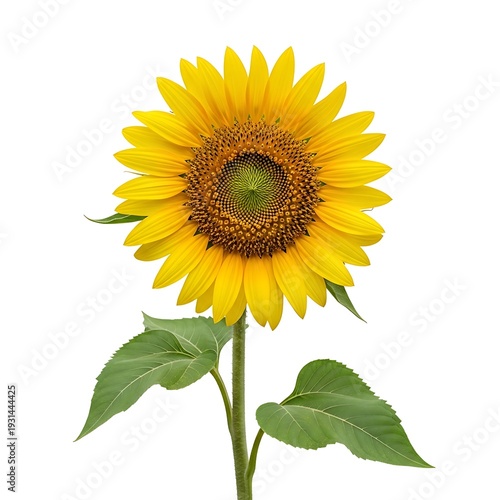 Wallpaper Mural A large yellow sunflower with green leaves on a white background Torontodigital.ca