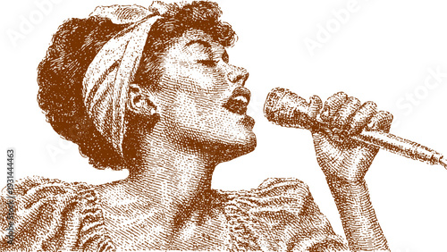 Singer holding a microphone in vintage style. Detailed portrait vector illustration with retro sketch texture.