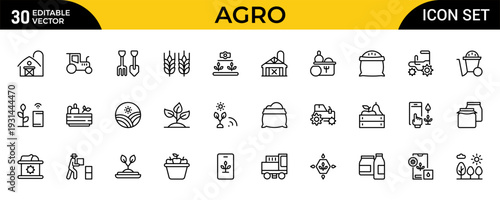 Agro and Farming Line Icon Set – Gardening, Harvest and Agriculture Outline Icons Collection with Editable Stroke Vector Symbols