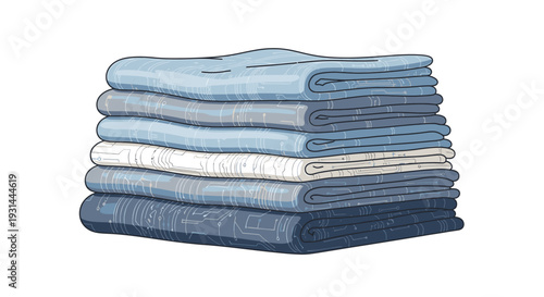 Stack of assorted blue and white folded towels on a white background.