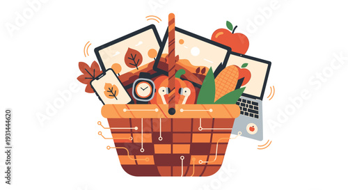 Autumn harvest basket with seasonal fruits and leaves.