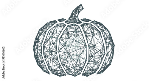 Geometric wireframe pumpkin illustration on white background.