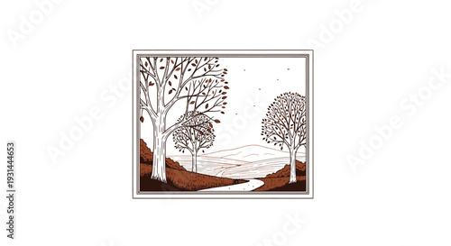Serene landscape with trees and rolling hills illustration.