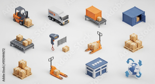 Collection of isometric logistics and warehouse icons.