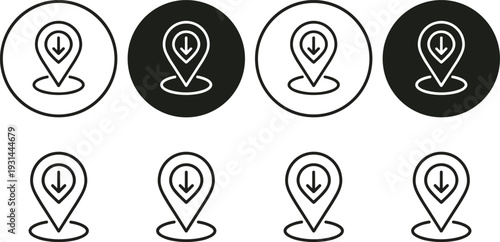 Location pin download icon set, map marker with arrow symbol collection, navigation vector buttons isolated on white background