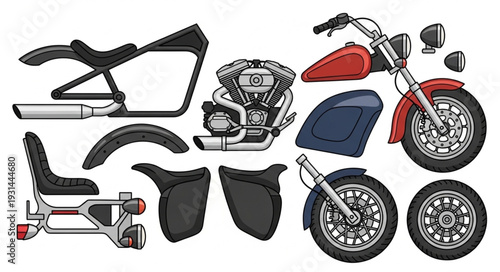 Motorcycle Parts and Components Laid Out for Assembly.
