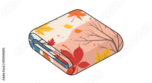 Folded blanket with autumn leaves pattern on soft pink background.