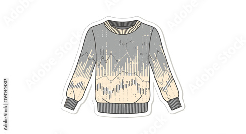 Gray sweater with beige abstract design on front and sleeves.
