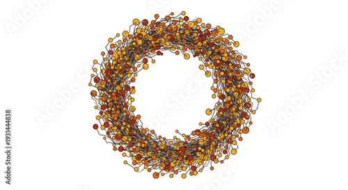 Colorful autumn leaves forming a circular wreath on white background.