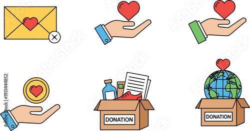 Collection of charity and donation flat line icons featuring heart symbols giving hands globe and donation boxes for humanitarian aid and volunteering projects