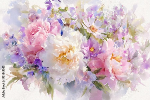  Watercolor floral background with pink and white peonies and purple spring flowers