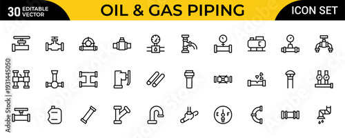 Oil and Gas Piping Components Line Icon Set – Refinery Valves, Pipeline Parts and Engineering Fittings Outline Vector Icons, Editable Stroke, Pixel Perfect