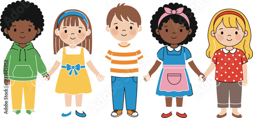 Diverse group of five cute cartoon children holding hands standing together in a row isolated on white background concept of friendship and inclusion