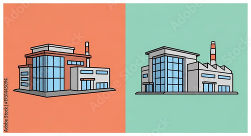 Two modern factory buildings side by side illustration.