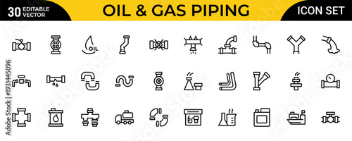 Oil and Gas Piping Components Line Icon Set – Refinery Valves, Pipeline Parts and Engineering Fittings Outline Vector Icons, Editable Stroke, Pixel Perfect