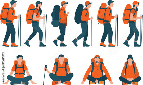 Hiking and Backpacking Adventure Vector Illustration Set with Trekker Walking, Camping and Outdoor Travel Activities