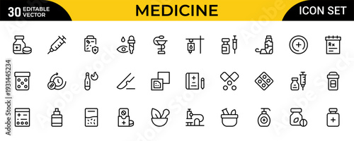 Modern Medicine Line Icon Collection. Healthcare, Pharmacy and Clinical Care Outline Vector Icons