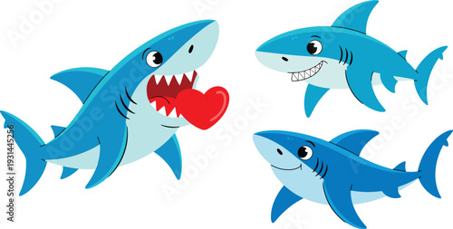 Cute Cartoon Sharks Collection with Smiling Shark Holding Red Heart, Blue Ocean Character Vector Illustration Isolated on White Background Clipart
