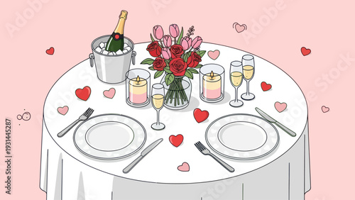 Romantic dinner table setting with champagne and roses.
