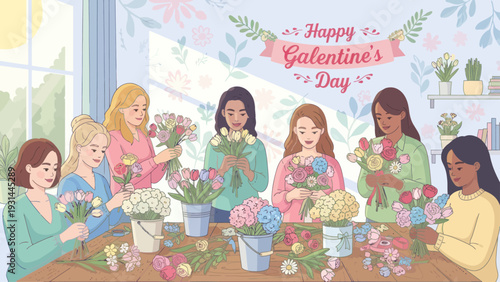 Women friends celebrate Galentine's Day by arranging beautiful flower bouquets together.
