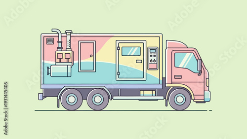Stylized truck with colorful compartments and equipment