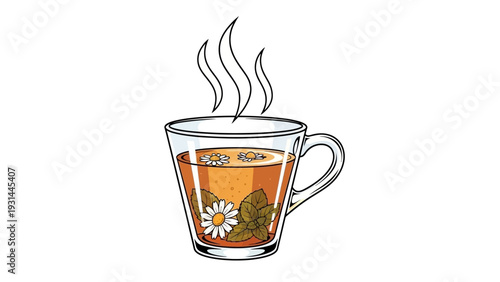 Hot herbal tea with chamomile and mint in a glass mug