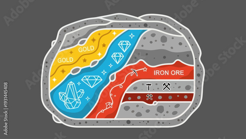 Illustration of underground mineral deposits with gold and iron ore.