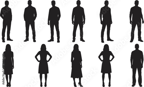 Silhouettes of ten individuals arranged in two rows, featuring male and female figures with varied postures and attire for demographic, design, and representation purposes.