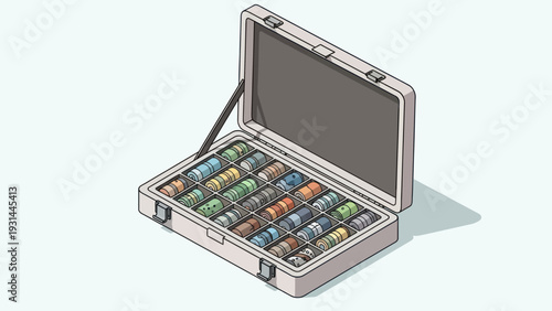 Open toolbox with colorful spools of thread inside.