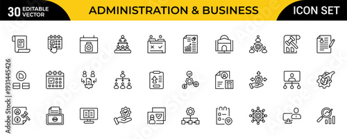 Administration and Business Management Line Icon Set for Corporate Office, Teamwork, Human Resources and Company Workflow Outline Vector Collection