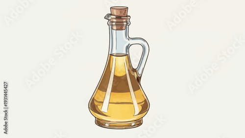 Hand-drawn illustration of olive oil in a glass bottle on a clean background.