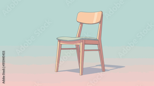 Simple wooden chair on a pastel background.