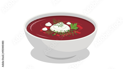 Bowl of borscht with sour cream and herbs