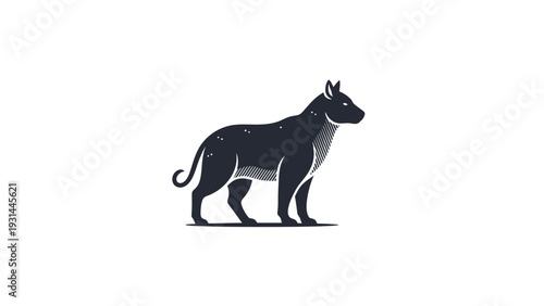 Stylized dark dog silhouette with minimal markings on white.