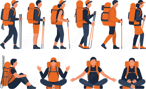 Hiking and Backpacking Adventure Vector Illustration Set with Trekker Walking, Camping and Outdoor Travel Activities