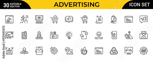 Advertising and Online Marketing Line Icon Set for Digital Promotion, Mobile Business, Brand Strategy and Market Communication Outline Vector Collection