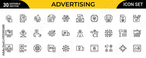 Advertising and Online Marketing Line Icon Set for Digital Promotion, Mobile Business, Brand Strategy and Market Communication Outline Vector Collection