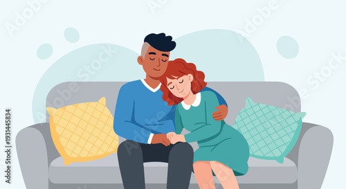 Young Man Relaxing on a Blue Sofa with a Cat and Hot Drink Illustration