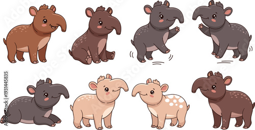 Cute Baby Tapir Cartoon Character Set with Different Poses and Colors for Children Illustration, Educational Books, Stickers, and Wildlife Conservation Designs