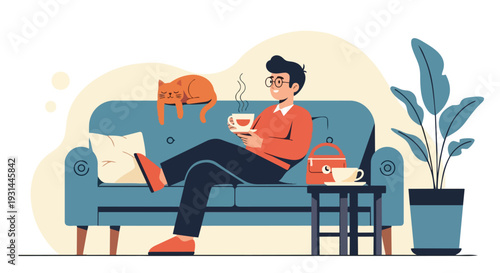 Young Man Relaxing on Sofa with a Cat and Hot Coffee Illustration