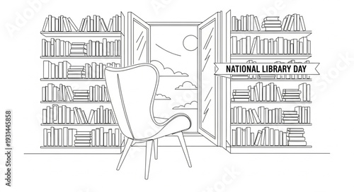 National Library Day Illustration Bookshelves.